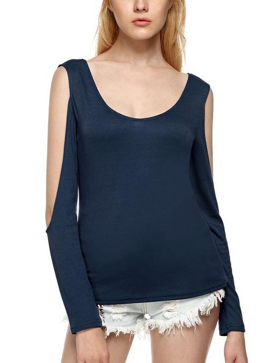 Romwe Navy Split Sleeve Lattice Back T-shirt