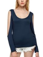 Romwe Navy Split Sleeve Lattice Back T-shirt