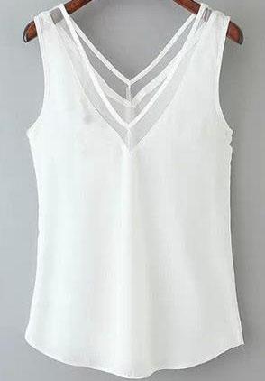 Romwe V Neck With Sheer Mesh White Vest
