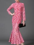 Romwe Rose Red Collar Long Sleeve Fishtail Lace Dress