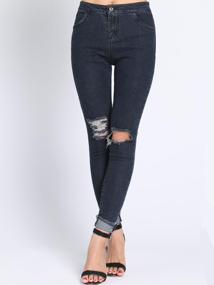 Romwe High Waist Ripped Denim Pant