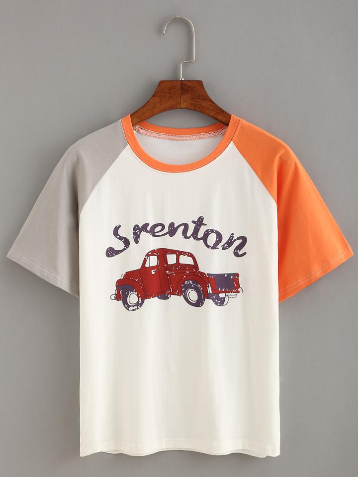 Romwe Contrast Raglan Sleeve Car Print T-shirt