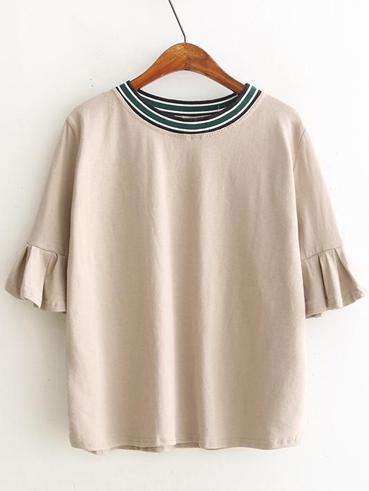Romwe Camel Knit Neck Ruffle Sleeve T-shirt