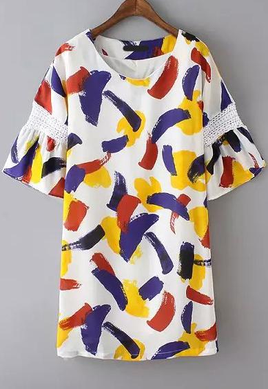 Romwe Butterfly Sleeve Contrast Lace Brushstroke Print Dress
