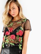 Romwe Rose Embroidered Sheer Mesh Top