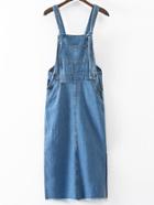 Romwe Blue Pockets Fringe Trim Split Side Denim Strap Dress