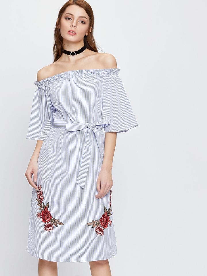 Romwe Vertical Striped Applique Dress With Belt