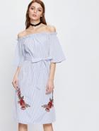 Romwe Vertical Striped Applique Dress With Belt