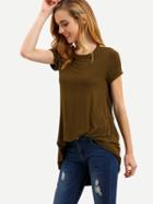 Romwe Army Green Short Sleeve U Back T-shirt