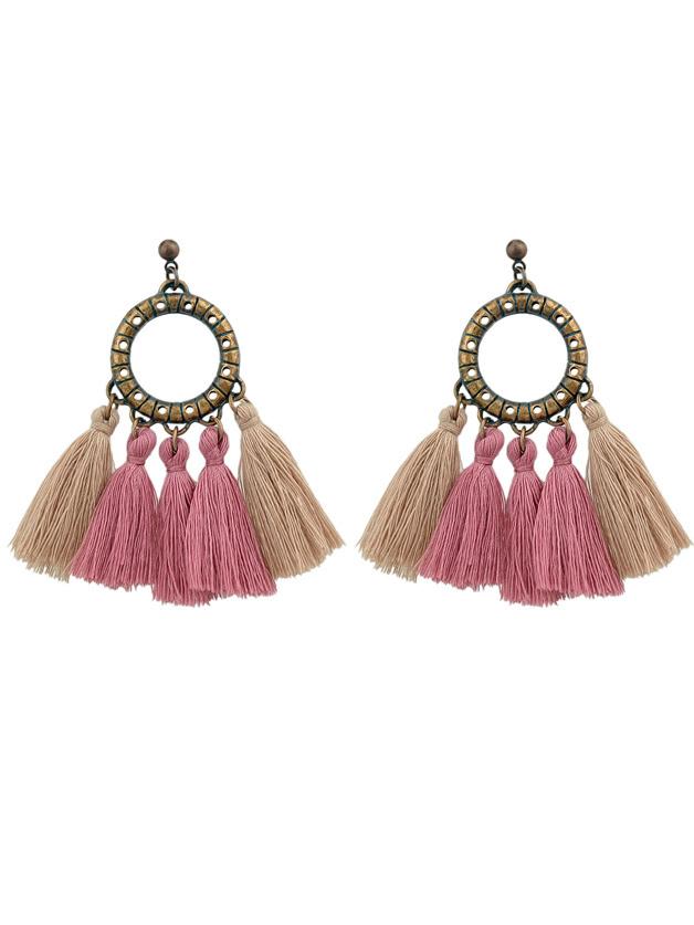 Romwe Pink Boho Circle With Tassel Big Statement Earrings