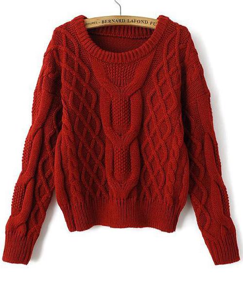 Romwe Diamond Patterned Crop Wine Red Sweater