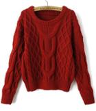 Romwe Diamond Patterned Crop Wine Red Sweater