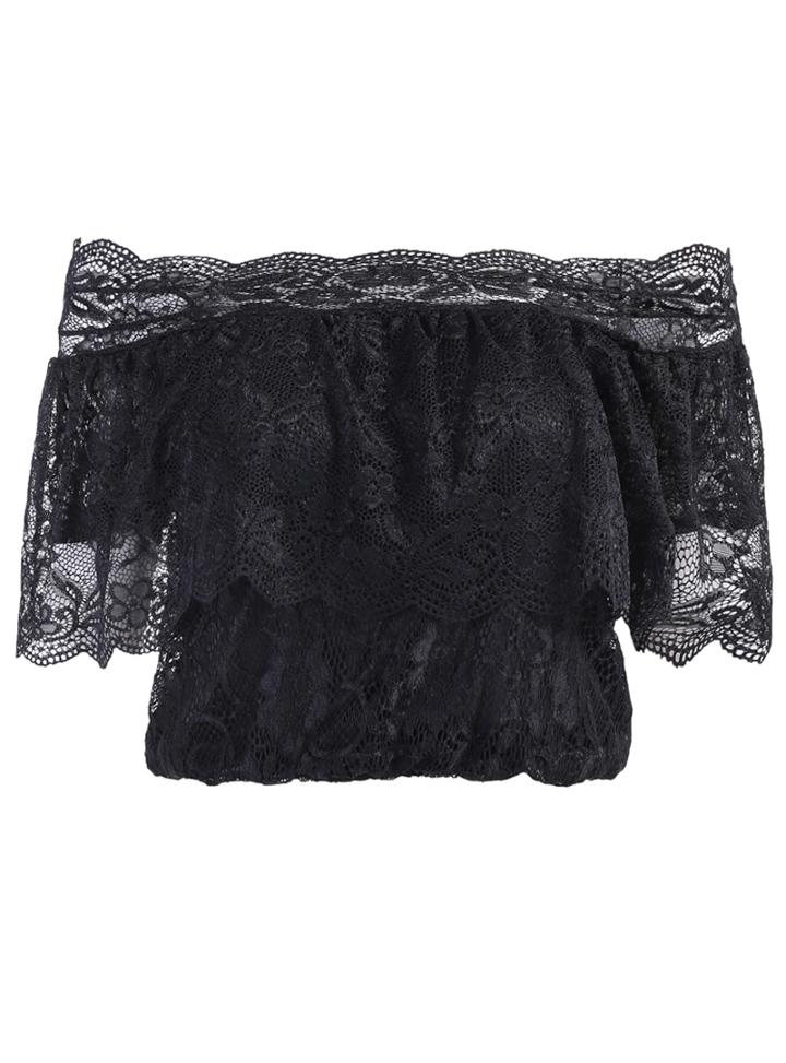 Romwe Off The Shoulder Lace Crop Black Top