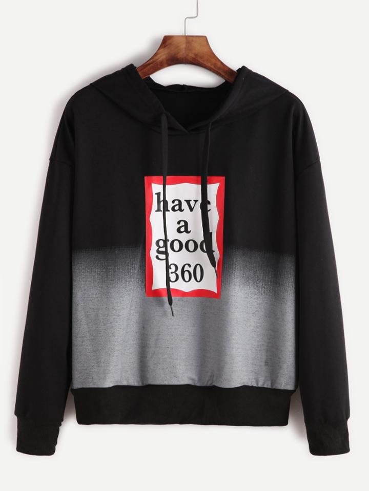 Romwe Ombre Letter Print Drawstring Hooded Sweatshirt