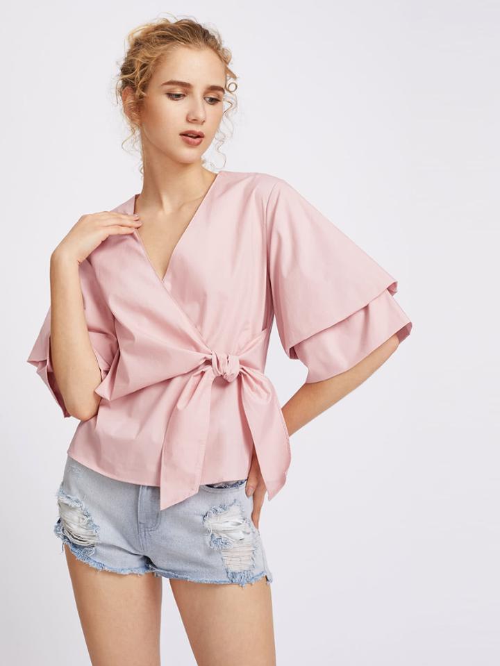 Romwe Layered Sleeve Bow Front Surplice Wrap Top