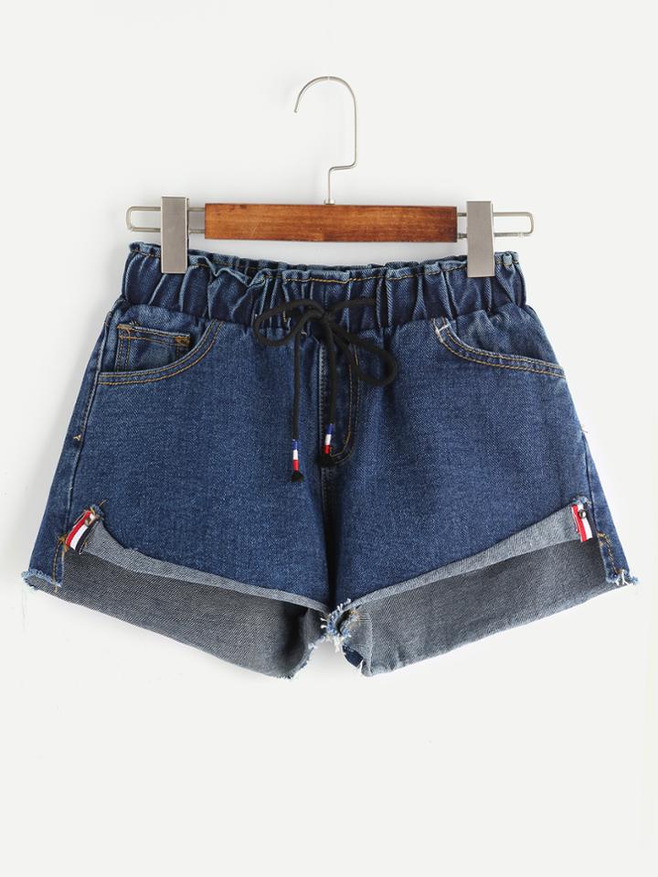 Romwe Blue Slit Side Roll Hem Drawstring Waist Denim Shorts