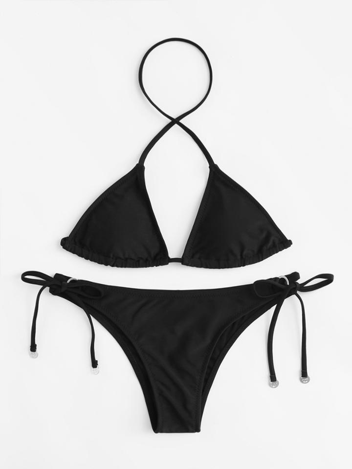 Romwe Metal Detail Self Tie Bikini Set
