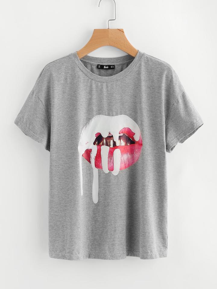 Romwe Red Lip Print Heather Knit Tee
