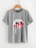 Romwe Red Lip Print Heather Knit Tee