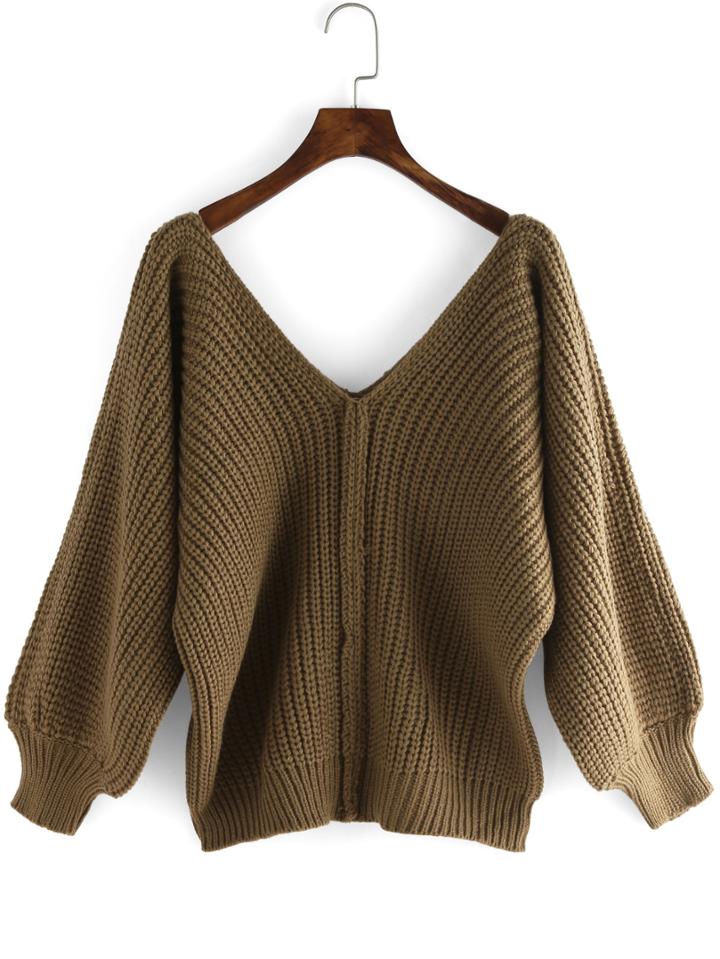 Romwe Deep V Neck Puff Sleeve Sweater
