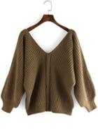Romwe Deep V Neck Puff Sleeve Sweater