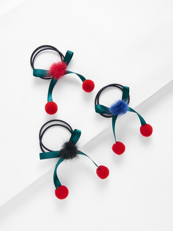 Romwe Bow Pom Pom Hair Tie 3pcs