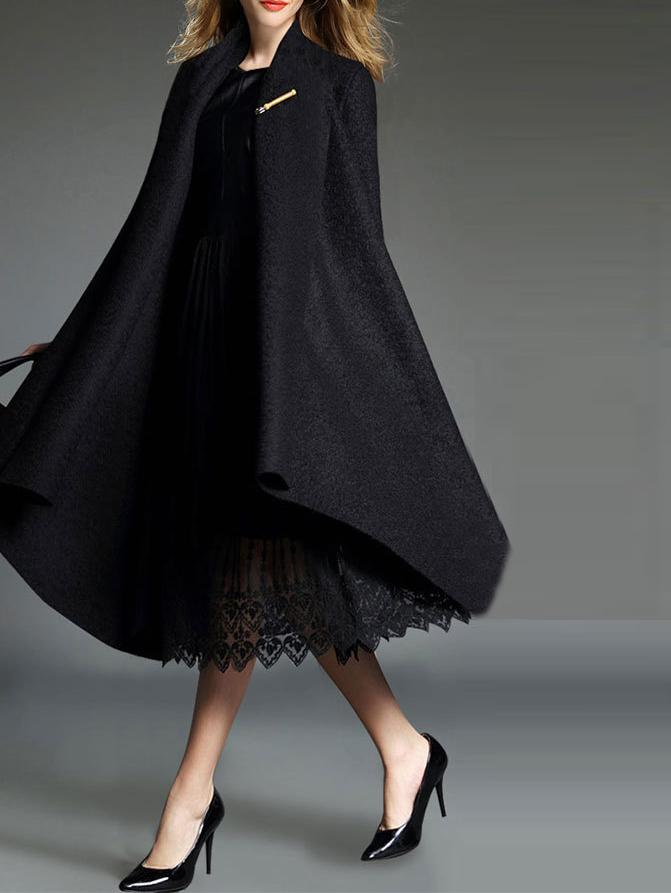 Romwe Lapel Open Front Woolen Long Black Coat