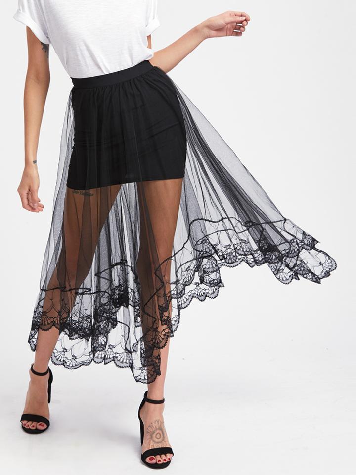Romwe Hanky Hem Sheer Mesh Overlay Skirt