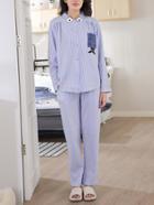 Romwe Pinstriped Embroidered Shirt & Pants Pj Set
