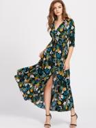 Romwe Smocked Waist Tassel Tie Button Up Tropical Dress