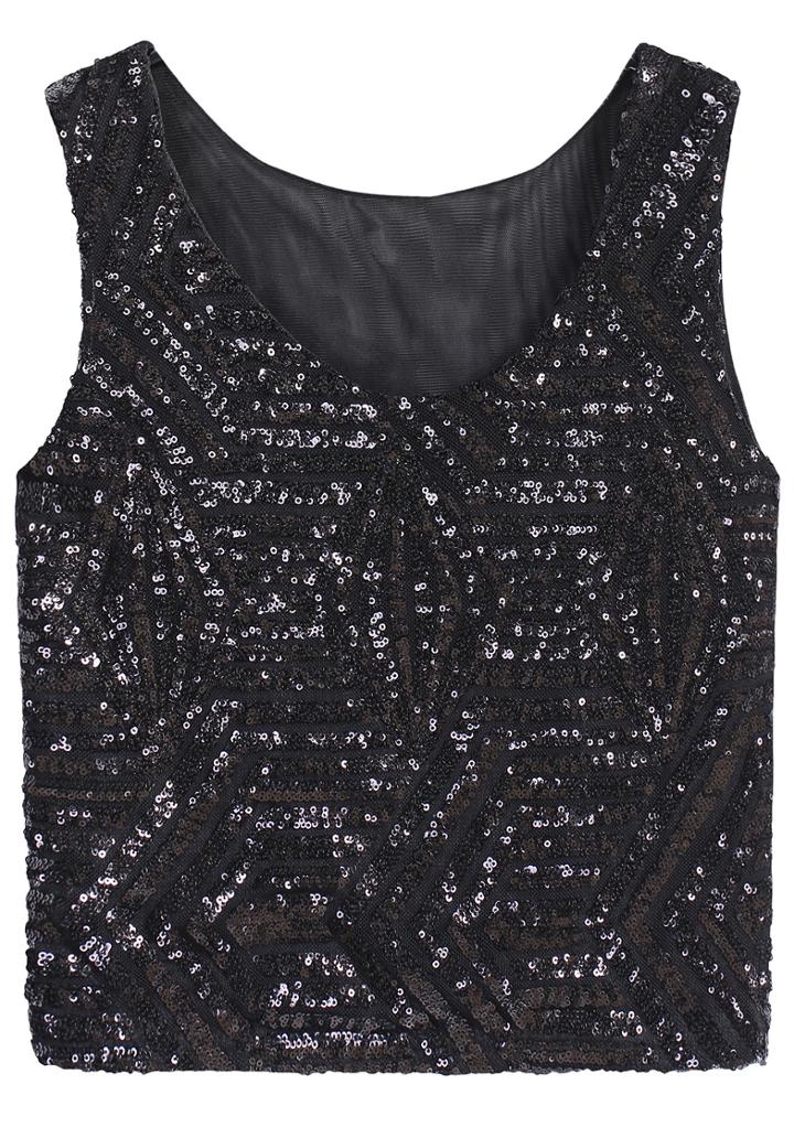 Romwe Sleeveless Sequined Geometric Black Vest