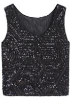 Romwe Sleeveless Sequined Geometric Black Vest