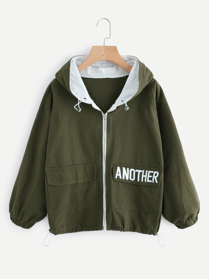 Romwe Hooded Letter Embroidered Drawstring Hem Jacket