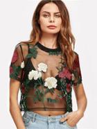 Romwe Embroidered Flower Mesh Crop Top