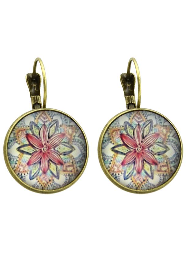 Romwe Bronze Flower Pattern Imitation Gemstone Plain Round Earrings