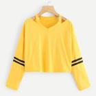 Romwe Striped Drop Shoulder Cut Out Neck Tee