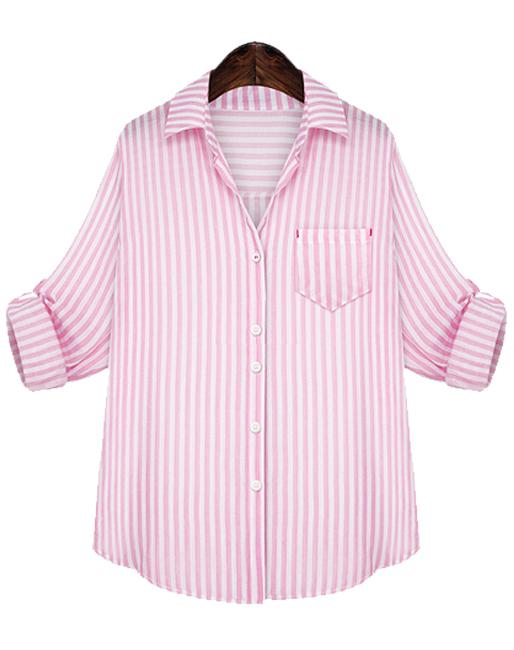 Romwe Vertical Stripe Pocket Pink Blouse