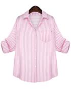 Romwe Vertical Stripe Pocket Pink Blouse