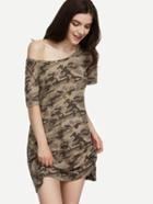 Romwe Olive Green Camo Print Tee Dress