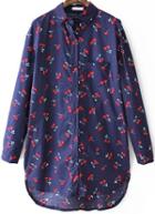 Romwe Dip Hem Cherry Print Navy Blouse