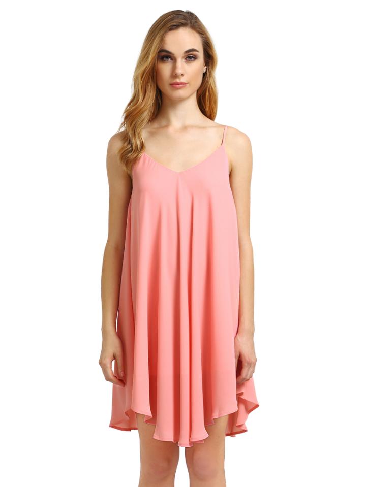 Romwe Pink Spaghetti Strap Asymmetrical Shift Dress Sundresses