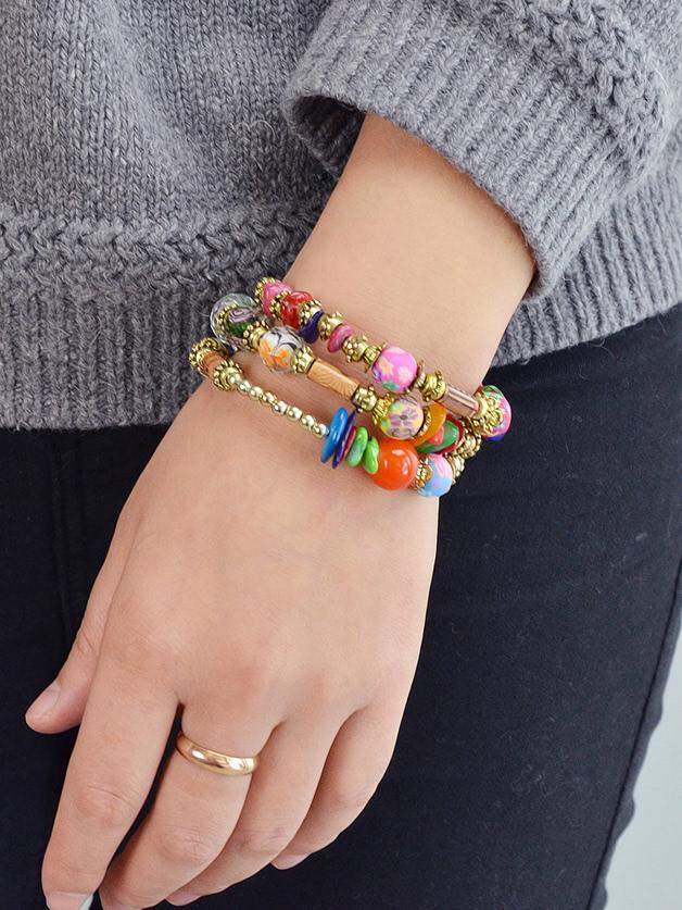 Romwe Color Handmade Beaded Winding Bracelet