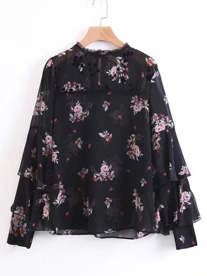 Romwe Calico Print Frill Neck Tiered Chiffon Blouse