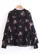 Romwe Calico Print Frill Neck Tiered Chiffon Blouse