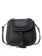 Romwe Braided Tassel Trimmed Studded Saddle Bag - Black
