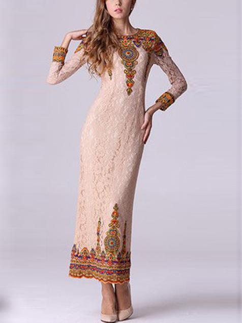 Romwe Long Sleeve Embroidered Lace Sheath Pink Dress