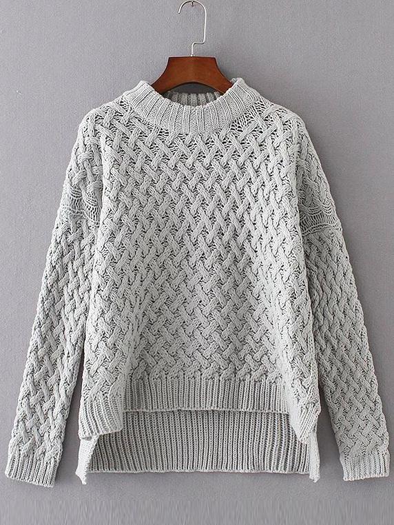 Romwe Grey Crew Neck High Low Loose Sweater