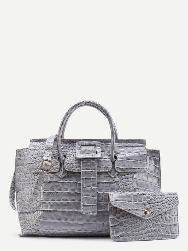 Romwe Crocodile Embossed Grap Bag With Clutch