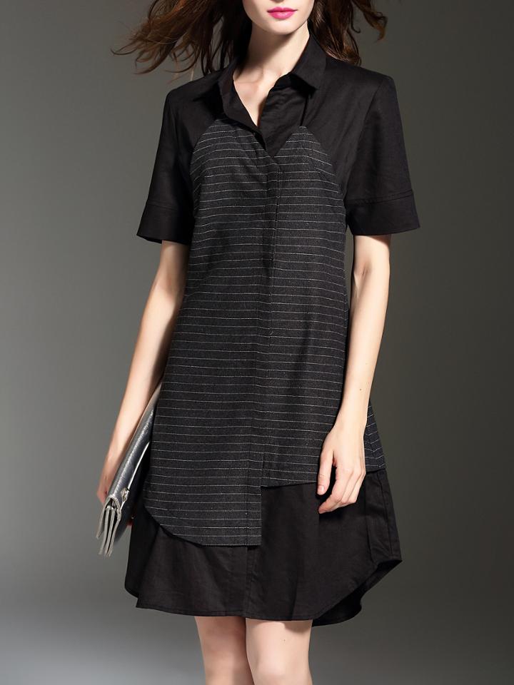 Romwe Black Lapel Striped Combo Dress