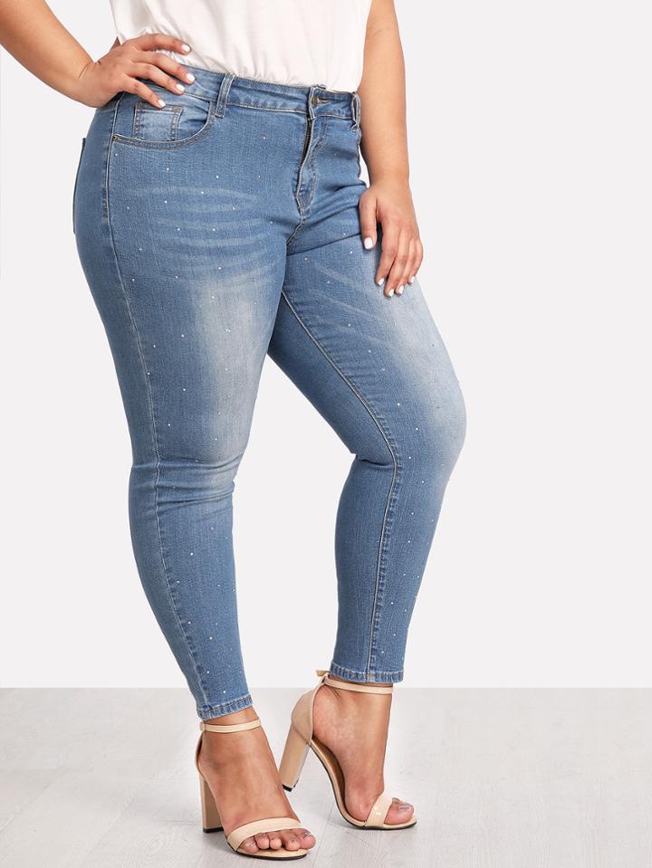 Romwe Rhinestone Embellished Jeans